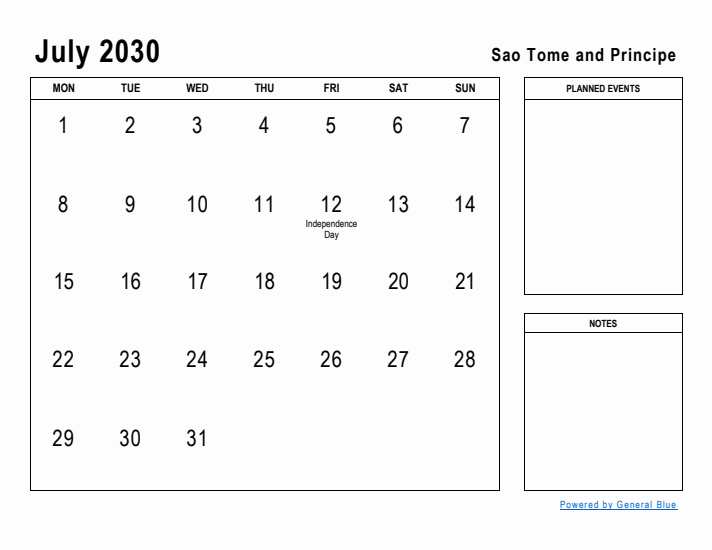 July 2030 Printable Monthly Calendar with Sao Tome and Principe Holidays