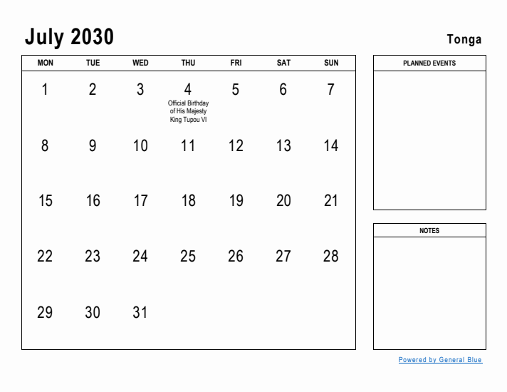 July 2030 Printable Monthly Calendar with Tonga Holidays