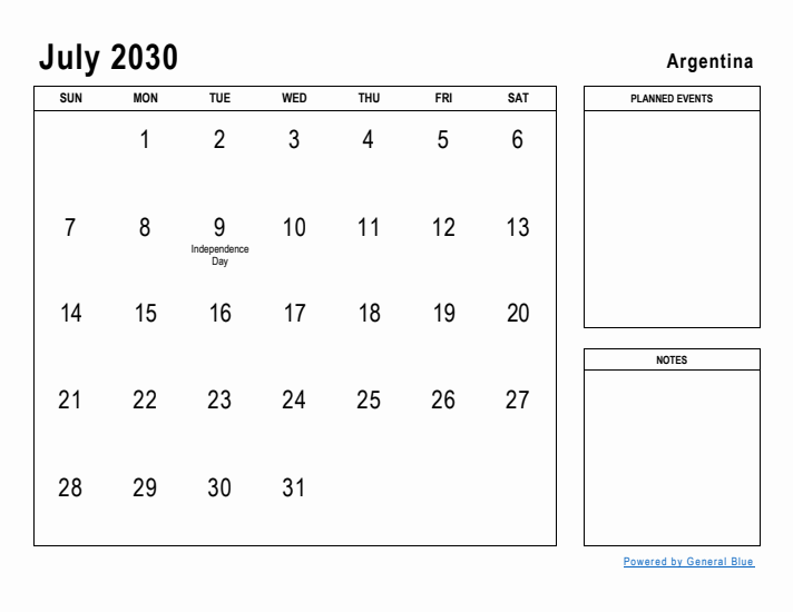 July 2030 Printable Monthly Calendar with Argentina Holidays