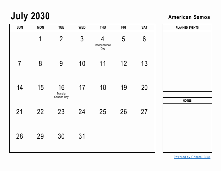July 2030 Printable Monthly Calendar with American Samoa Holidays