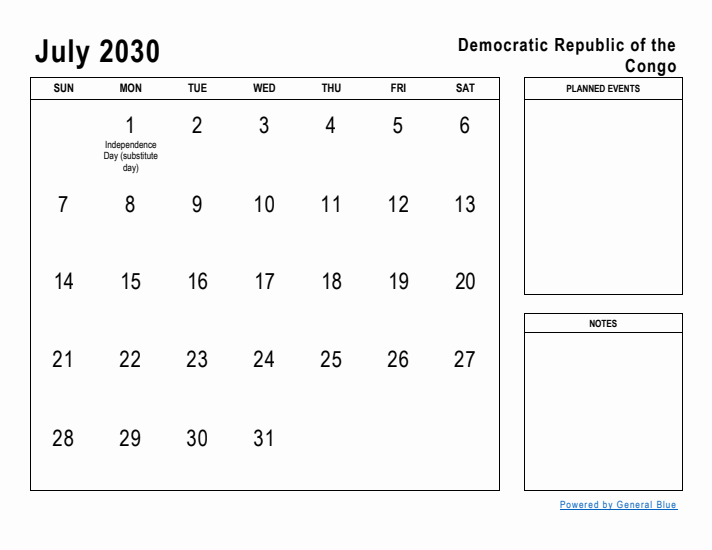 July 2030 Printable Monthly Calendar with Democratic Republic of the Congo Holidays