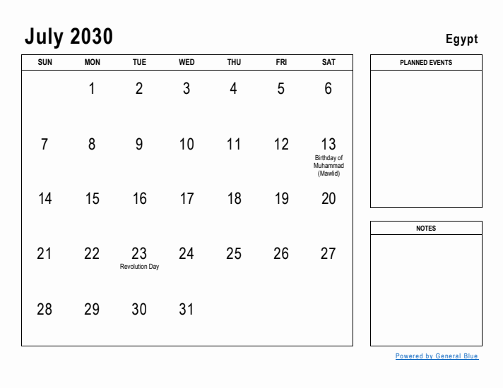 July 2030 Printable Monthly Calendar with Egypt Holidays
