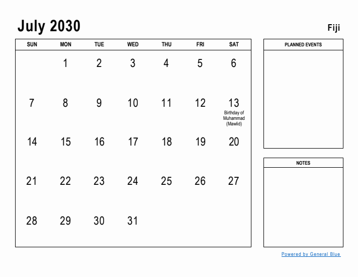 July 2030 Printable Monthly Calendar with Fiji Holidays