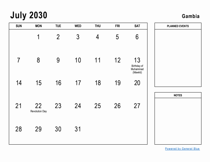 July 2030 Printable Monthly Calendar with Gambia Holidays
