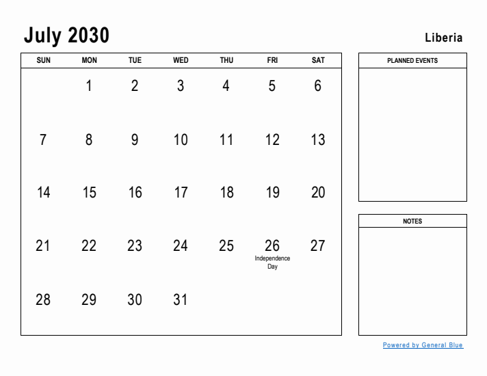 July 2030 Printable Monthly Calendar with Liberia Holidays