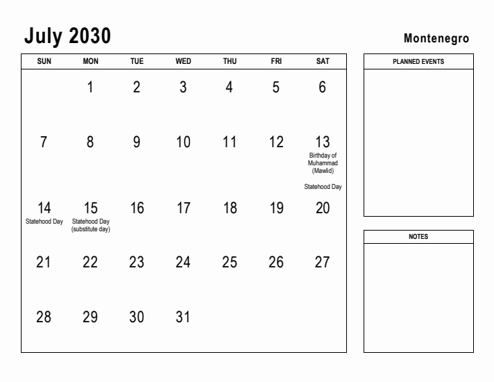 July 2030 Printable Monthly Calendar with Montenegro Holidays