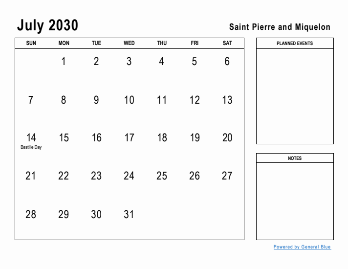 July 2030 Printable Monthly Calendar with Saint Pierre and Miquelon Holidays