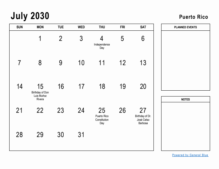 July 2030 Printable Monthly Calendar with Puerto Rico Holidays