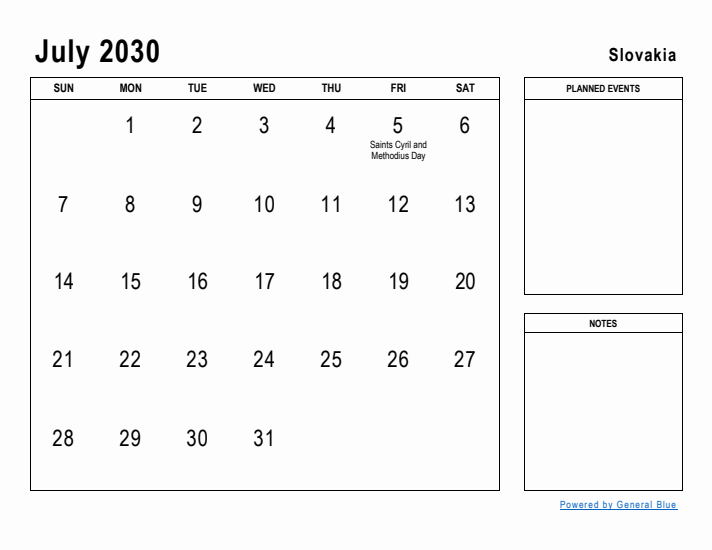 July 2030 Printable Monthly Calendar with Slovakia Holidays