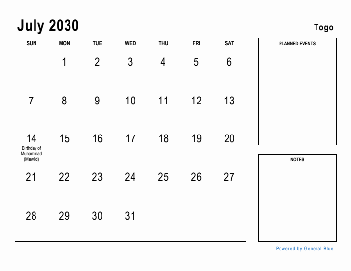 July 2030 Printable Monthly Calendar with Togo Holidays