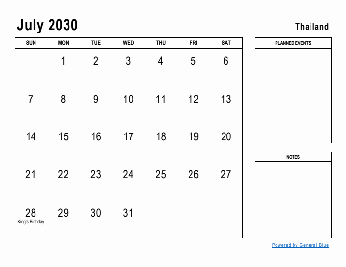 July 2030 Printable Monthly Calendar with Thailand Holidays