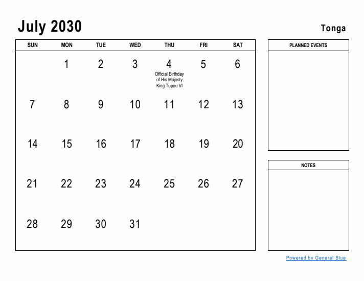 July 2030 Printable Monthly Calendar with Tonga Holidays