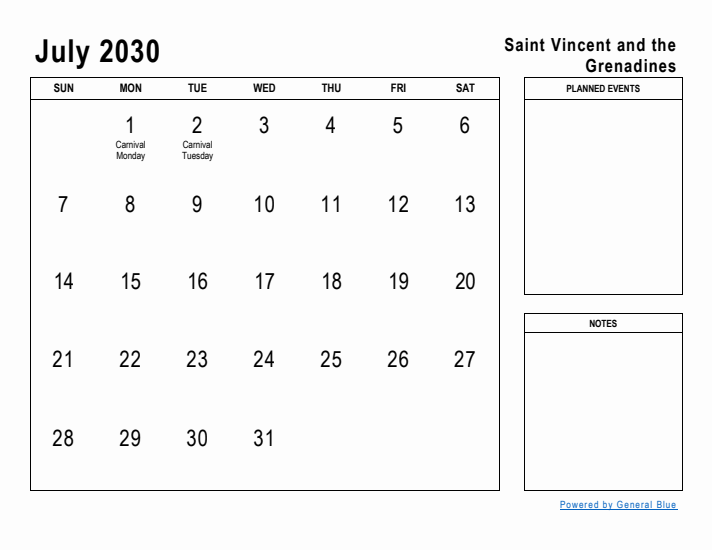 July 2030 Printable Monthly Calendar with Saint Vincent and the Grenadines Holidays