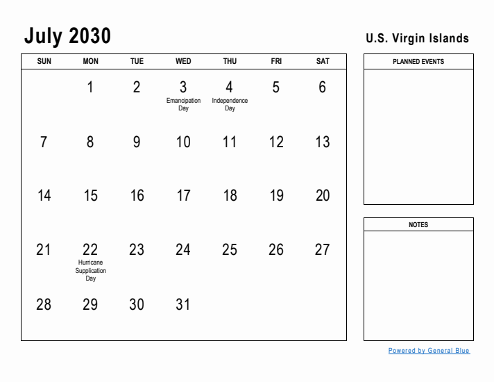 July 2030 Printable Monthly Calendar with U.S. Virgin Islands Holidays