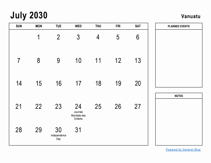 July 2030 Printable Monthly Calendar with Vanuatu Holidays