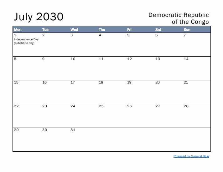 July 2030 Simple Monthly Calendar for Democratic Republic of the Congo