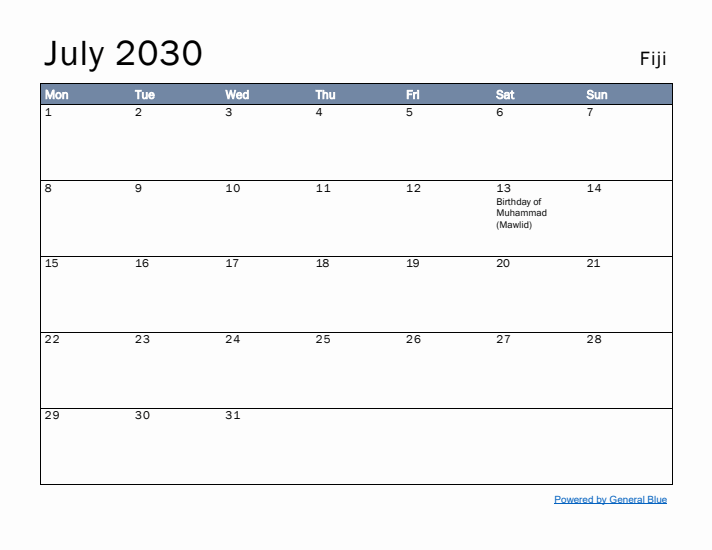 July 2030 Simple Monthly Calendar for Fiji