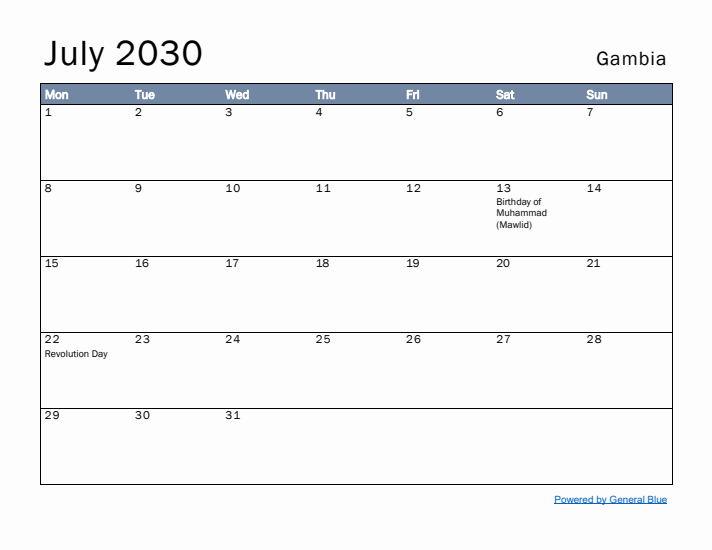 July 2030 Simple Monthly Calendar for Gambia