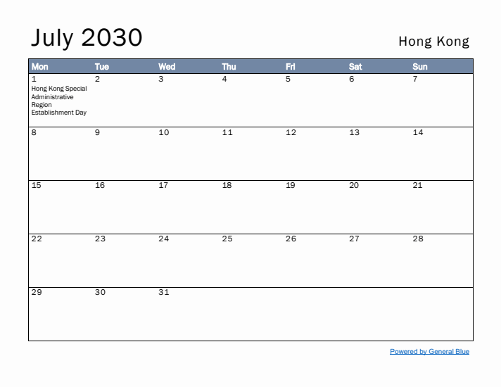 July 2030 Simple Monthly Calendar for Hong Kong
