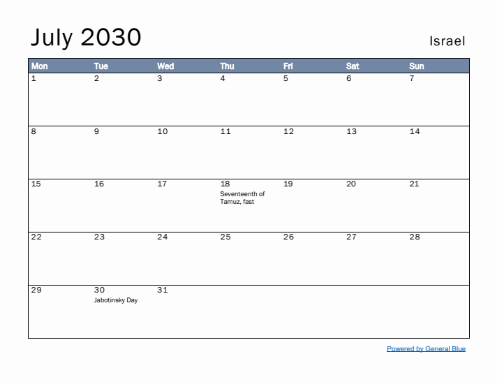 July 2030 Simple Monthly Calendar for Israel