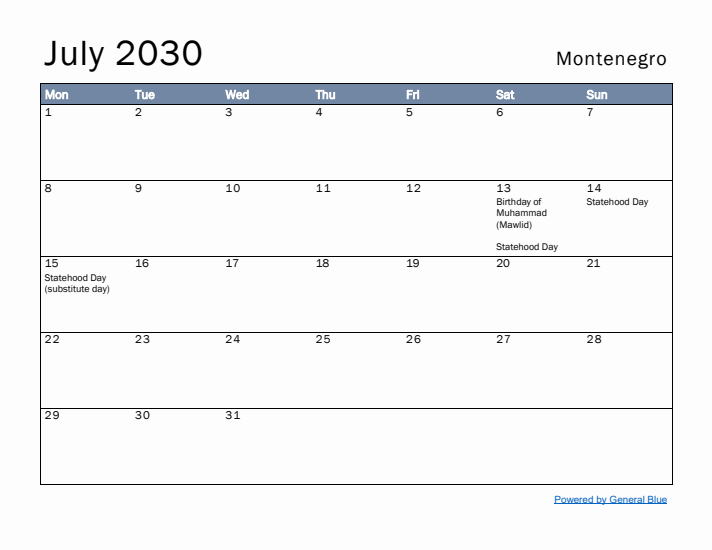 July 2030 Simple Monthly Calendar for Montenegro