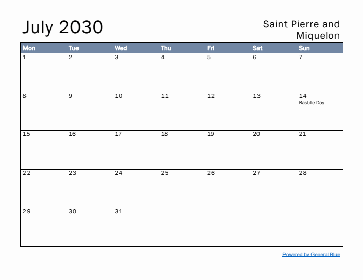 July 2030 Simple Monthly Calendar for Saint Pierre and Miquelon