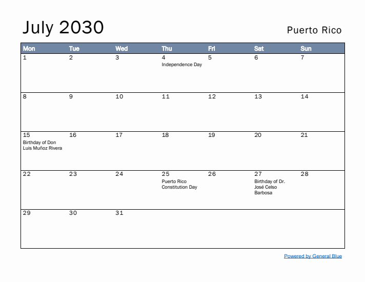 July 2030 Simple Monthly Calendar for Puerto Rico