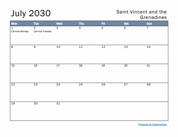 July 2030 Simple Monthly Calendar for Saint Vincent and the Grenadines
