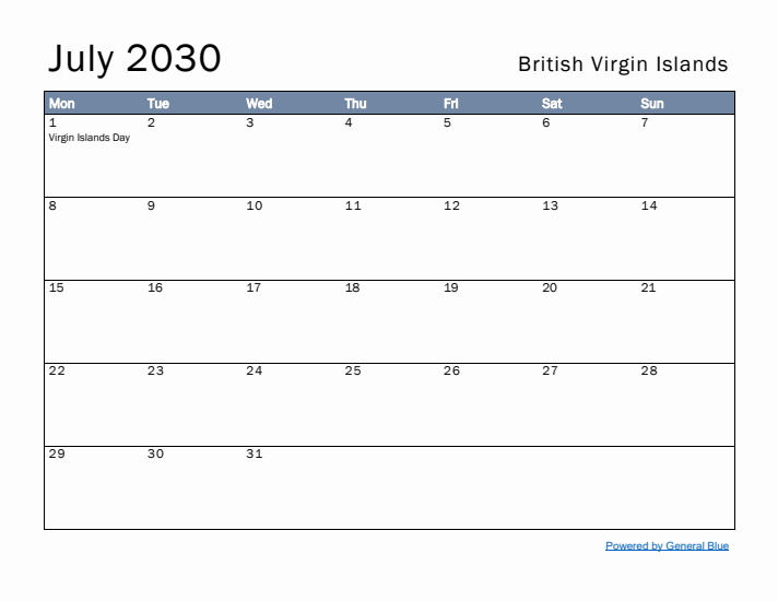 July 2030 Simple Monthly Calendar for British Virgin Islands