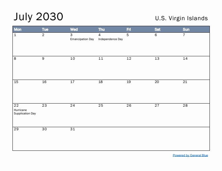 July 2030 Simple Monthly Calendar for U.S. Virgin Islands