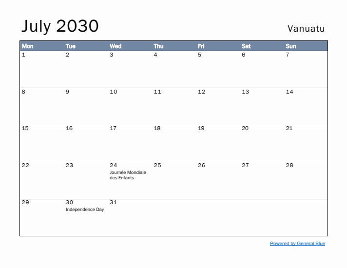 July 2030 Simple Monthly Calendar for Vanuatu