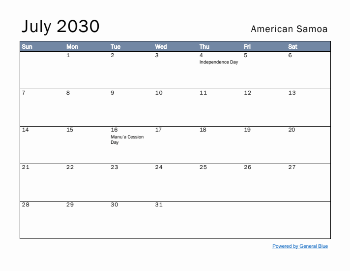 July 2030 Simple Monthly Calendar for American Samoa