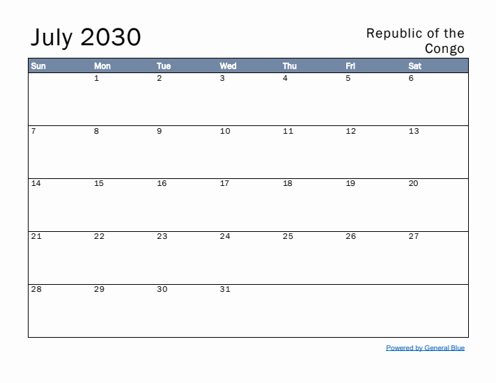 July 2030 Simple Monthly Calendar for Republic of the Congo