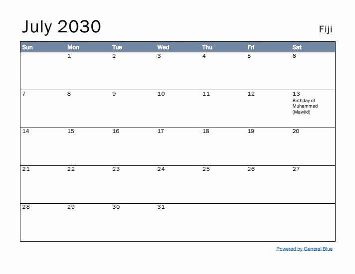 July 2030 Simple Monthly Calendar for Fiji