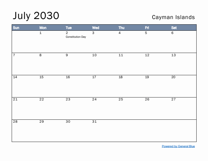 July 2030 Simple Monthly Calendar for Cayman Islands