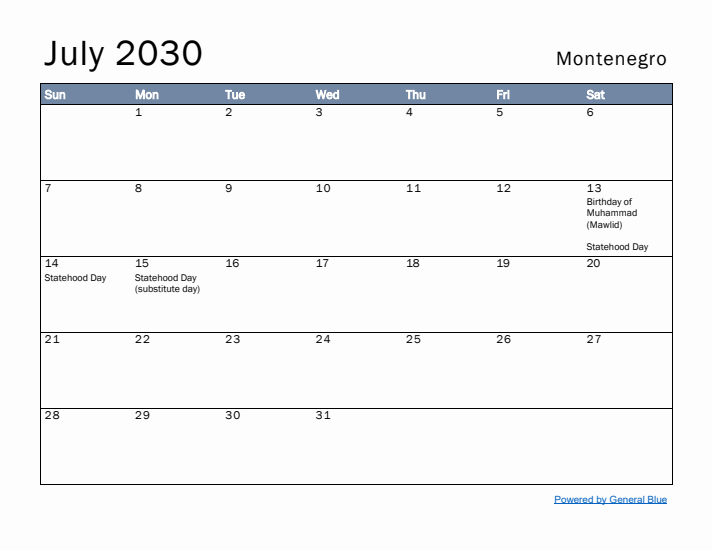 July 2030 Simple Monthly Calendar for Montenegro