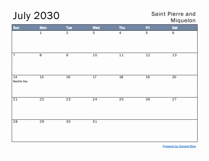 July 2030 Simple Monthly Calendar for Saint Pierre and Miquelon