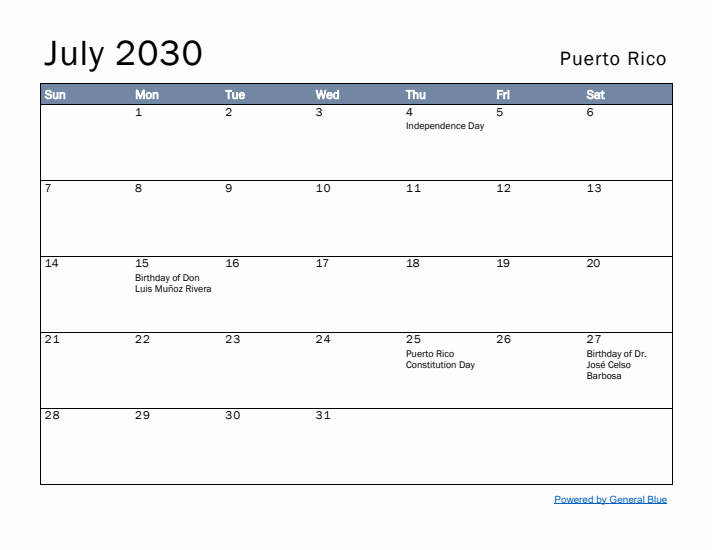 July 2030 Simple Monthly Calendar for Puerto Rico