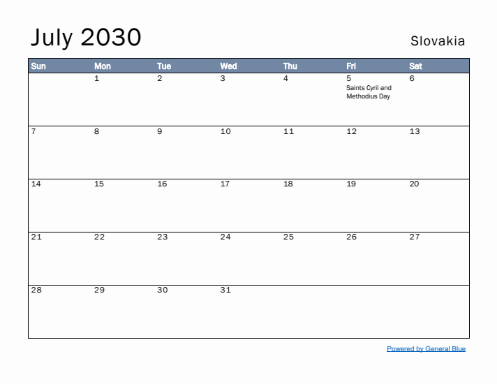 July 2030 Simple Monthly Calendar for Slovakia