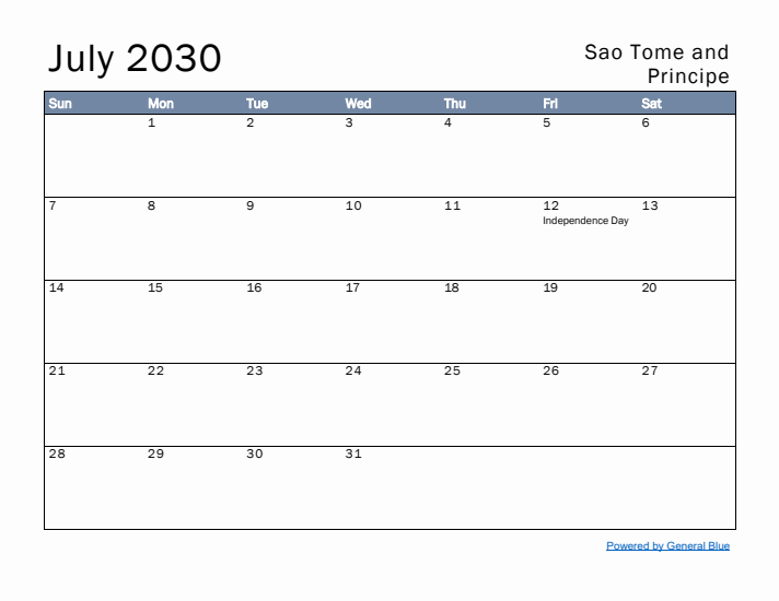 July 2030 Simple Monthly Calendar for Sao Tome and Principe