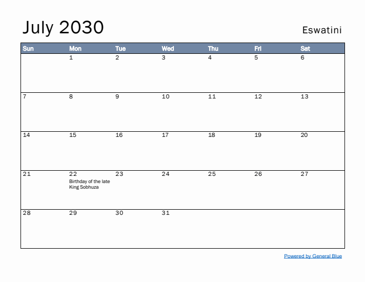 July 2030 Simple Monthly Calendar for Eswatini
