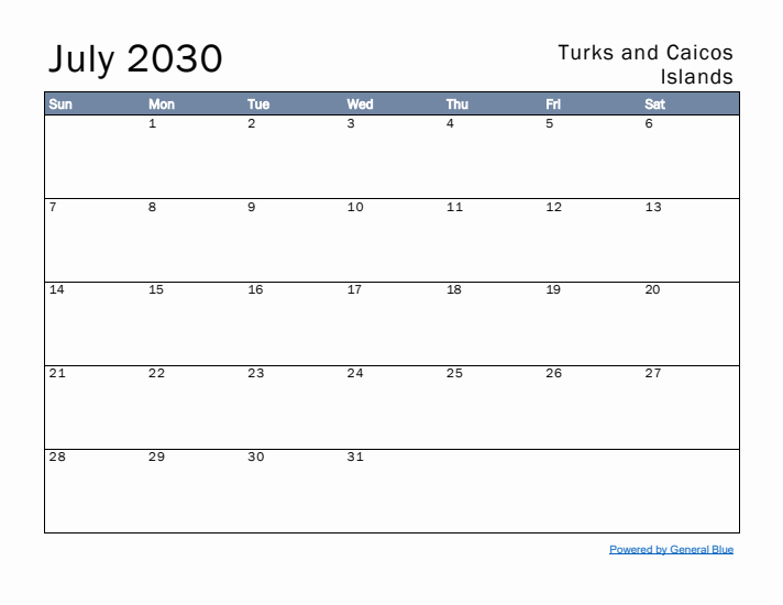 July 2030 Simple Monthly Calendar for Turks and Caicos Islands