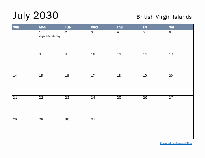 July 2030 Simple Monthly Calendar for British Virgin Islands