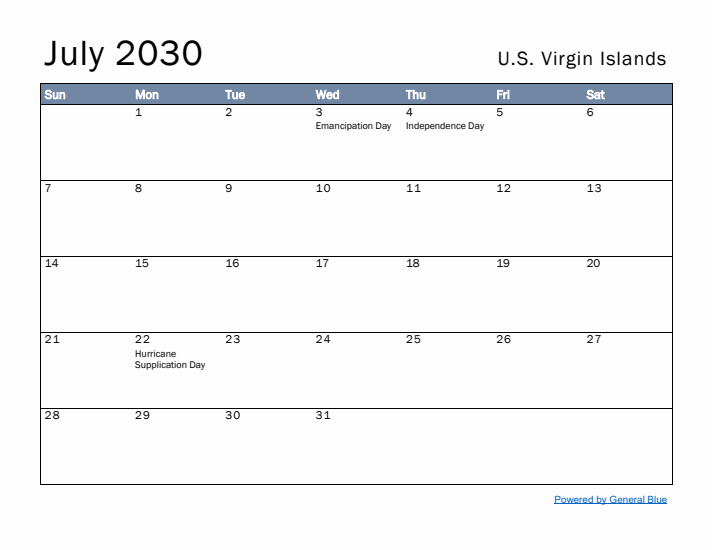 July 2030 Simple Monthly Calendar for U.S. Virgin Islands