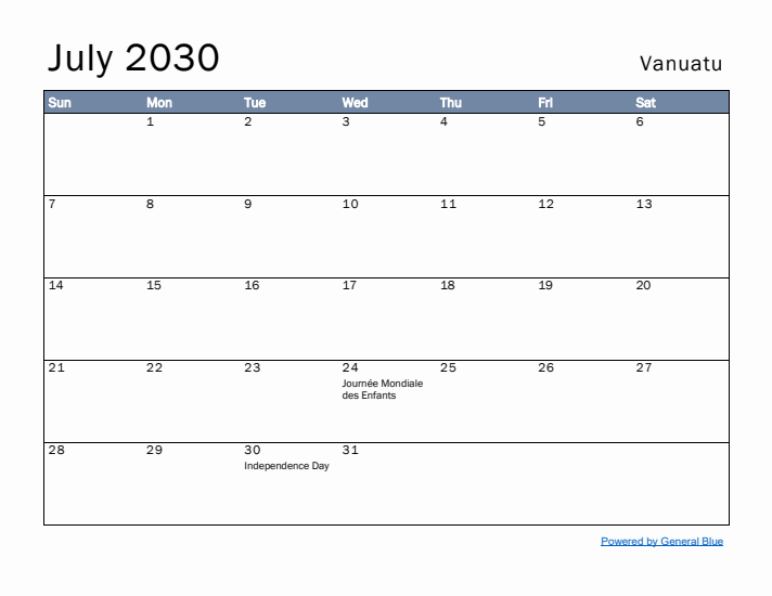 July 2030 Simple Monthly Calendar for Vanuatu