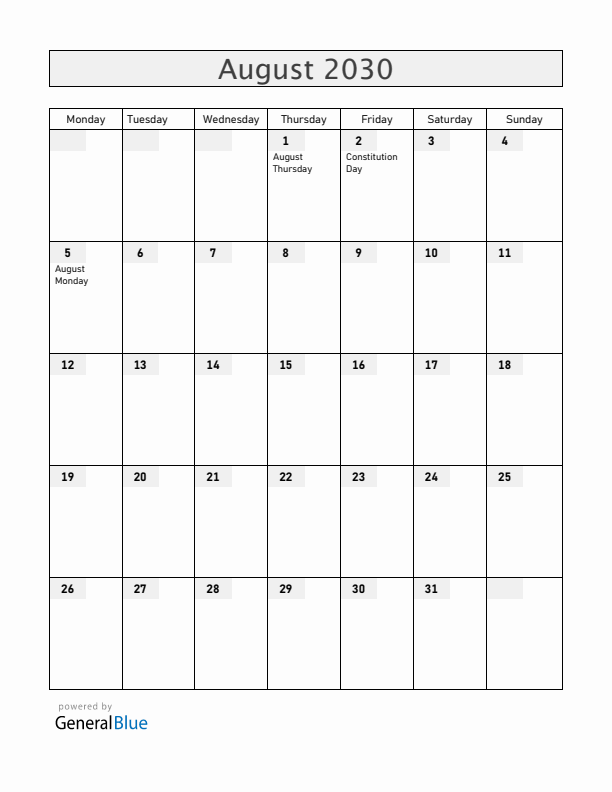 Anguilla August 2030 Calendar with Holidays