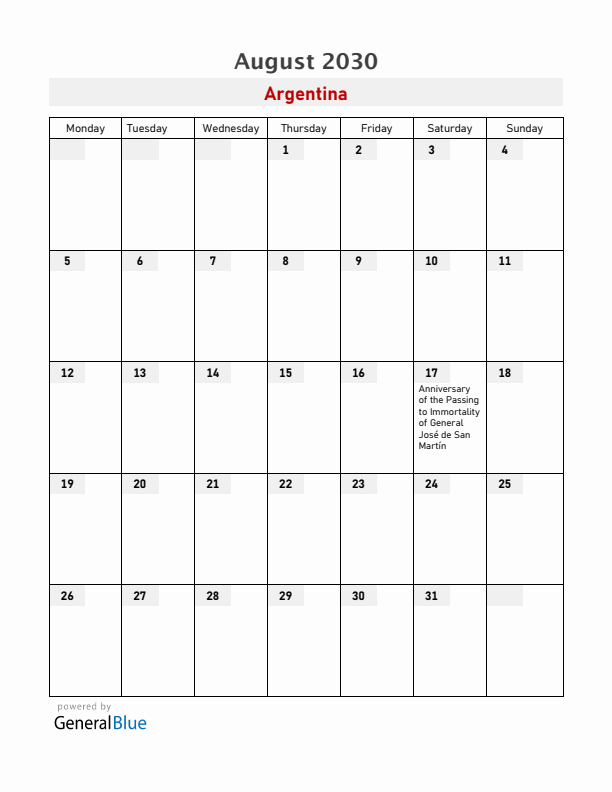 Argentina August 2030 Calendar with Holidays