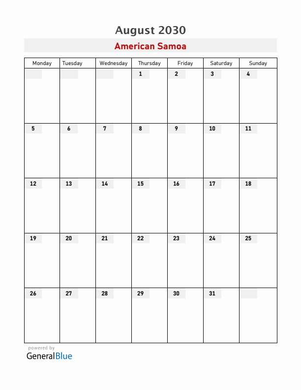 American Samoa August 2030 Calendar with Holidays
