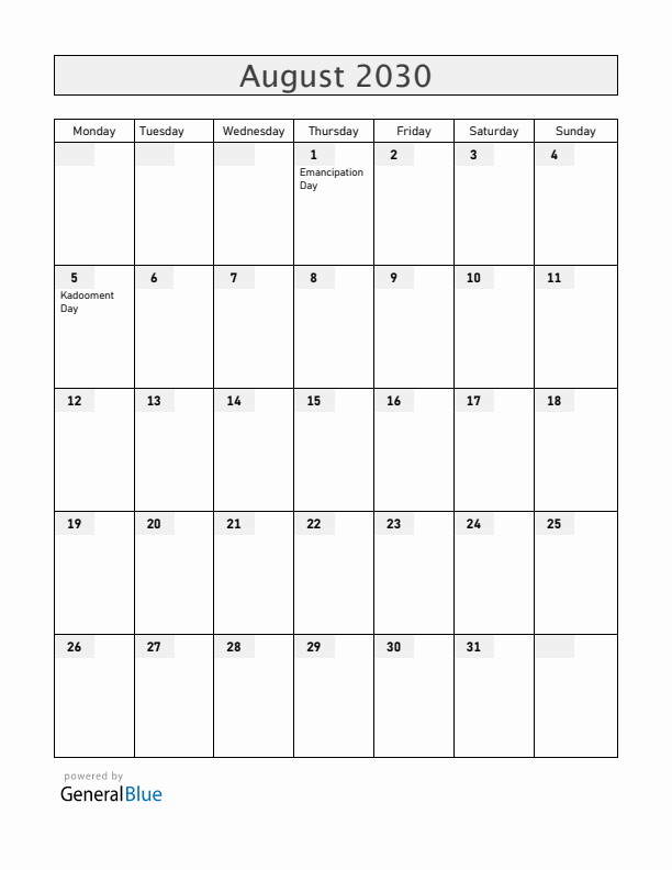 Barbados August 2030 Calendar with Holidays