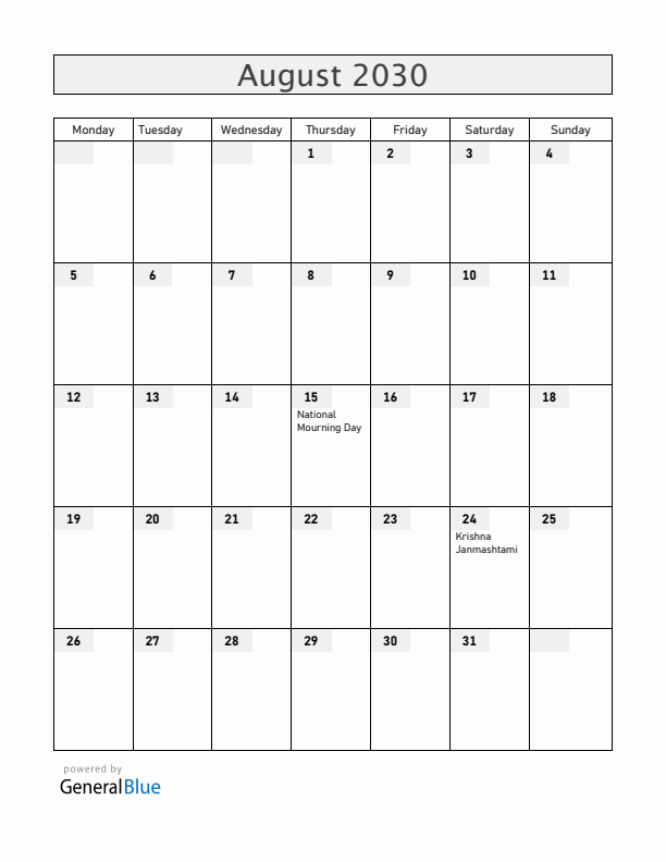 Bangladesh August 2030 Calendar with Holidays
